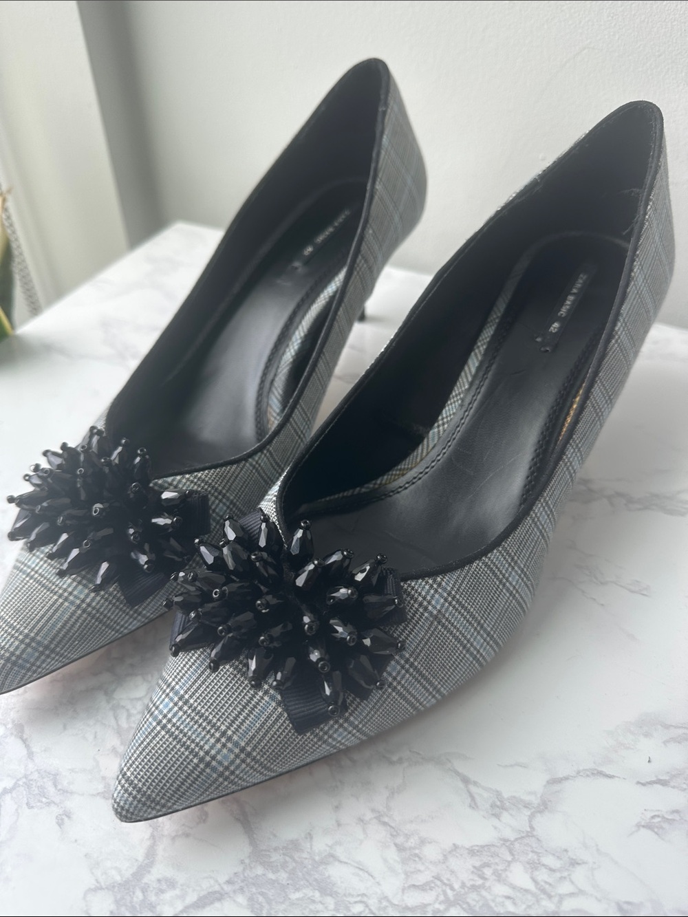 Zara Gray Plaid Pointed Pumps with Black Beaded Flower